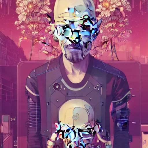 Image similar to a beautiful cyborg cyberpunk exquisite delicate hyperdetailed design 4 k wallpaper illustration walter white poster of strawberry milk, by james jean, victo ngai, studio ghibli, makoto shinkai, raphael lacoste, louis comfort tiffany, denoise, deblurring, artgerm, ross tran, alphonse maria mucha, krenz cushart