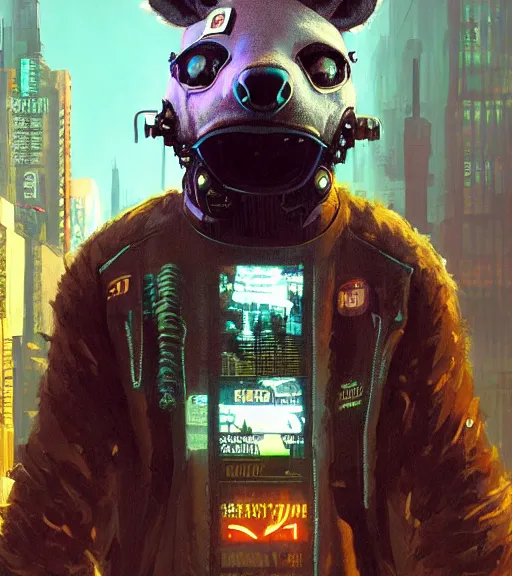 Image similar to new york city portrait of furry anthro anthropomorphic spotted hyena head animal person fursona wearing clothes strange cybernetic muzzle gloomy rainy screenshot from the video game cyberpunk 2077 digital art by Greg Rutkowski, Simon Stalenhag, christopher nolan trending on Artstation, CGSociety