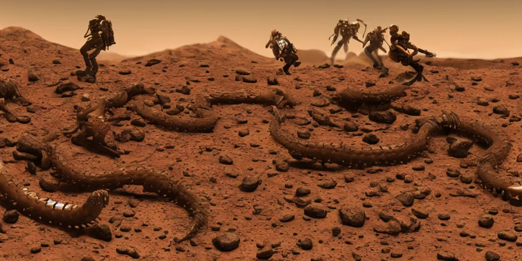 Prompt: future soldiers climbing on giant centipede on Mars, cinematic, volumetric lighting