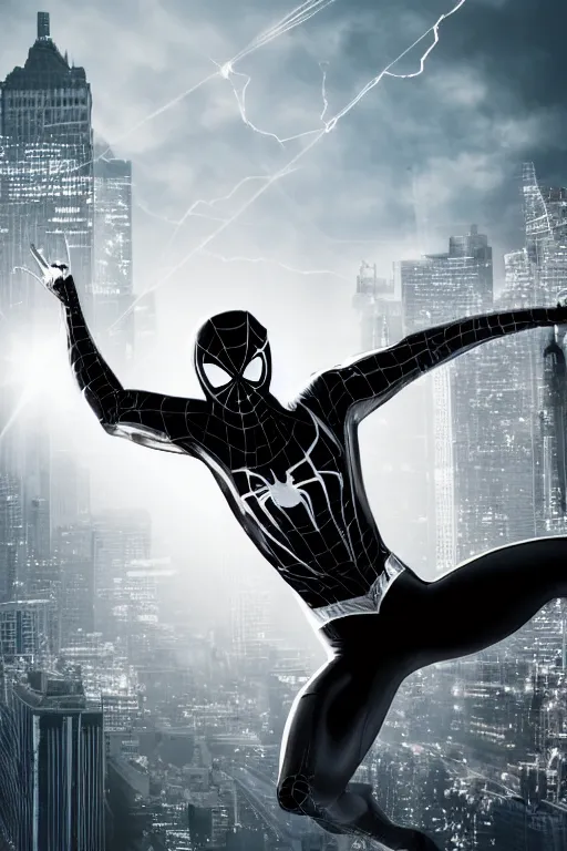 Prompt: metallic reflective silver and black spider-man, character poster, dramatic lighting, atmospheric dust, intense lens flare, hazy city backdrop