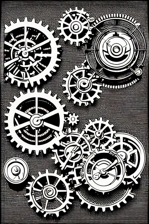 Image similar to steampunk gears, and eternal clock without numbers, dark and gothic, full frame,, art by james o barr and albrecht durer and piranesi, surreal woodblock print, black and white, vector, vector art