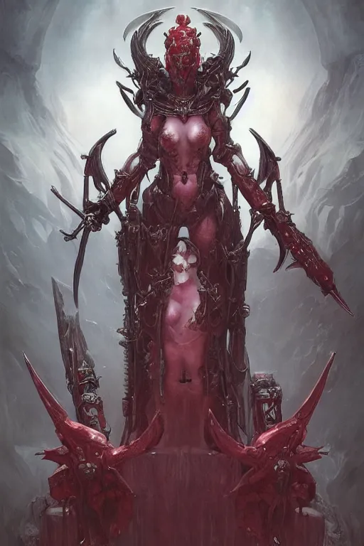 Prompt: Portrait of beautiful pale warhammer 40000 goth succubus maiden, dark fantasy, red light, digital illustration, intricate, highly detailed, smooth, artstation, painted by Wayne Barlowe and Greg Rutkowski and zdislav beksinski and Ruan Jia and Mandy Jurgens and Artgerm and william-adolphe bouguereau