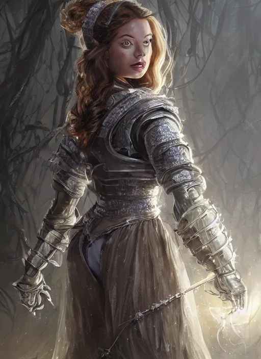Image similar to beautiful female dorothy gale, rebecca romijn as dorothy, full body character concept, full metal armor, silver metallic, super powers, fantasy, intricate, elegant, highly detailed, digital painting, artstation, concept art, shining, sharp focus, illustration, art by stanley lau