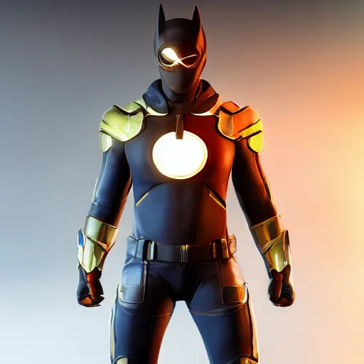 Image similar to Une photo professionnelle d'un super héro avec le costume de Invincible, deviantart, réalisme, tendance sur artstation, éclairage volumétrique, ray tracing, 8k