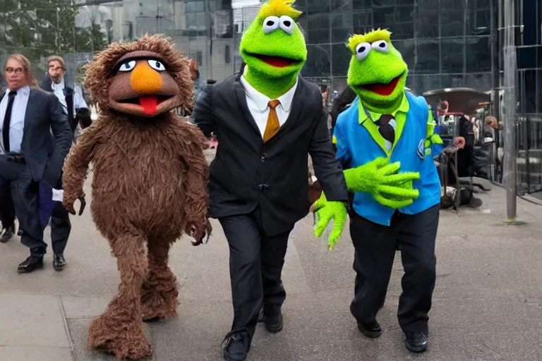 Prompt: muppet Big-Bird in shackles being escorted to the docks in a courtroom