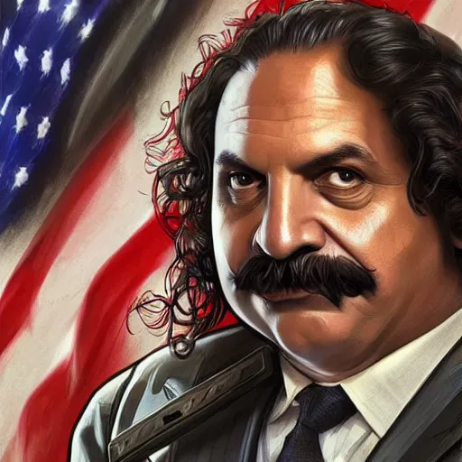 Image similar to handsome Ron Jeremy as President of United States of America as GTA character, sci-fi fantasy, closeup, D&D, intricate, elegant, highly detailed, digital painting, artstation, concept art, matte, sharp focus, illustration, art by Artgerm and Greg Rutkowski and Alphonse Mucha