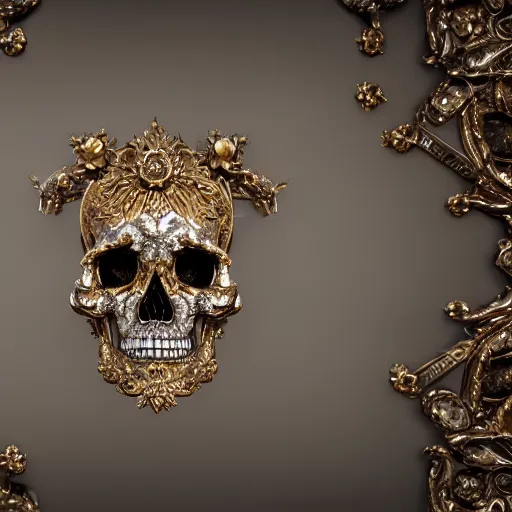 Image similar to a portrait of a beautiful ornate and intricate rococo skull with silver and gold details and diamonds inside a rococo frame, 4k, octane render, vray, unreal engine, photorealistic