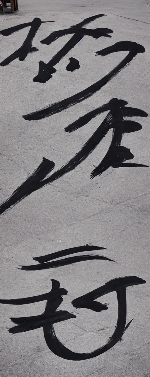 Image similar to a beautiful calligraphic kanji painted on the street, akira style, hyper realistic, natural light