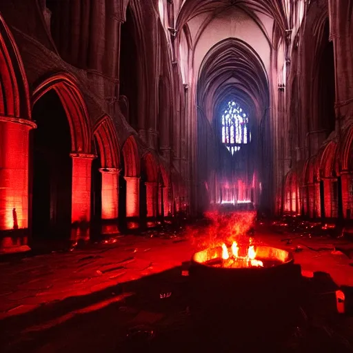 Image similar to A dark cathedral made up of red sandstone lit up by a torches. In the middle of the cathedral is a bonfire surrounded by cultists in red hoods. Their backs facing towards the camera.