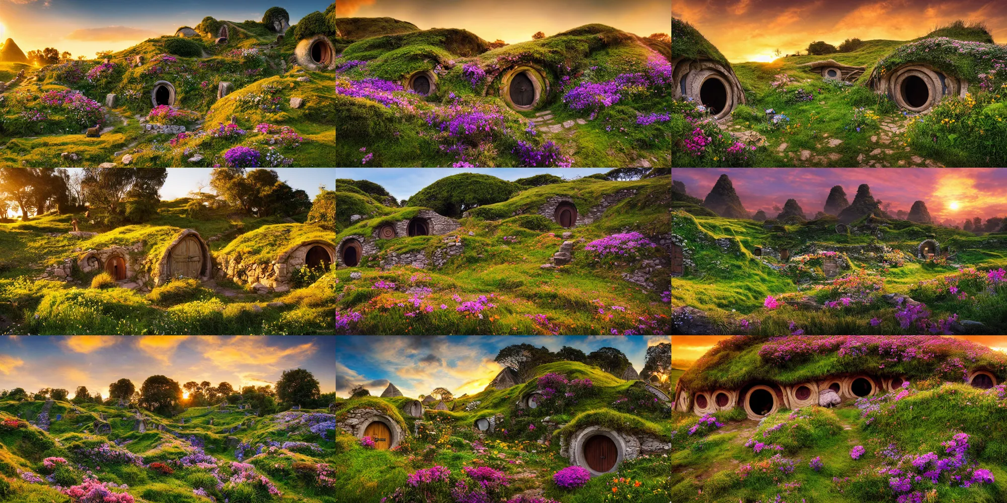 Prompt: archeological discovery of ancient hobbit dwellings, the shire, well preserved, springtime flowers in bloom, sunset, long shadows, colorful skyline, digital photography, 3 2 megabit, national geographic.