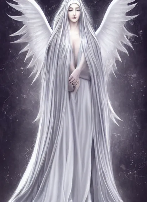 Prompt: tall thin beautiful goddess, pale wan female angel, long flowing silver hair covering her whole body, beautiful!!! painting, young wan angel, flowing silver hair, flowing white robes, flowing hair covering front of body, white robe, white dress!! of silver hair, covered!!, clothed, unexposed, aesthetic, mystery