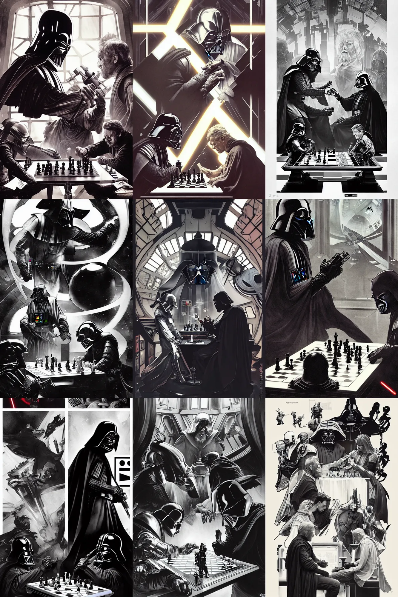 Prompt: obi wan and darth vader playing chess on the death star, art by artgerm and james jean and greg rutkowski and alphonse mucha and frank frazetta and norman rockwell, very detailed, futuristic, thoughtful, black and white, philosophical, low down