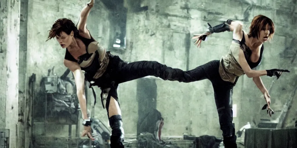 Prompt: mika jovovich in resident evil doing kung fu stunts