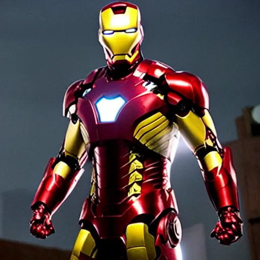 Image similar to promotional image of Chris pratt as Iron Man in Iron Man（2008）, he wears Iron Man armor without his face, movie still frame, promotional image, imax 70 mm footage