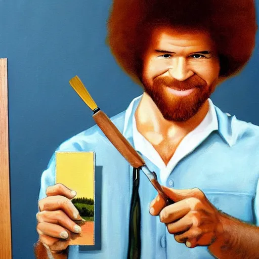 Prompt: a painting of bob ross painting a painting of bob ross holding a paintbrush, high quality, very detailed, artwork