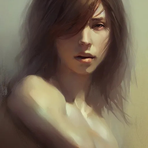 Prompt: Portrait of a woman by Greg Rutkowski, she is about 20 years old, brown long and straight hair, pretty oval face, attractive, Artstation HQ