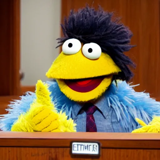 Prompt: Sesame Street Bert dressed as a lawyer in a courtroom, hyperrealistic