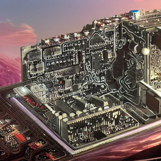 Prompt: the ethereal queen of technology bestows the gift of circuits to humanity. matte painting. fantastic.