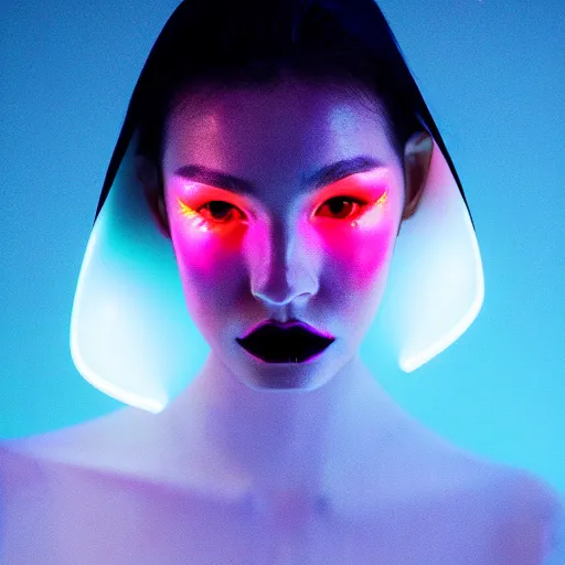 Image similar to high fashion photography of a model in neo futurism white sci - fi neon light led makup, transparent cloth, beautifully lit