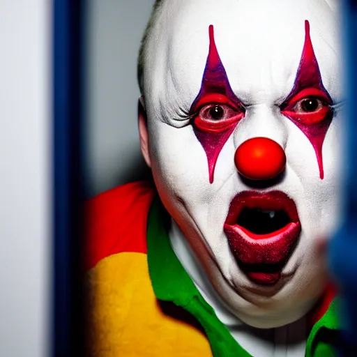 Prompt: clown peeking head out of closet nightmare