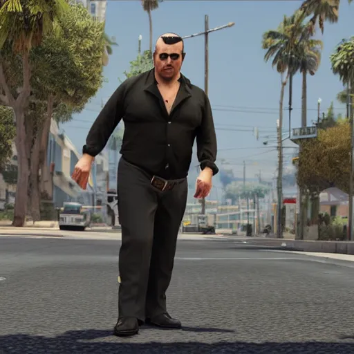 Prompt: a midage italian male, no beard, short black hair with gel, sharp teeth, overweight, fine white shirt, leather belt, black pants, leather shoes, smoking a cigar, full body, gta v style, concept art, highly detailed, hyper realistic, unreal engine