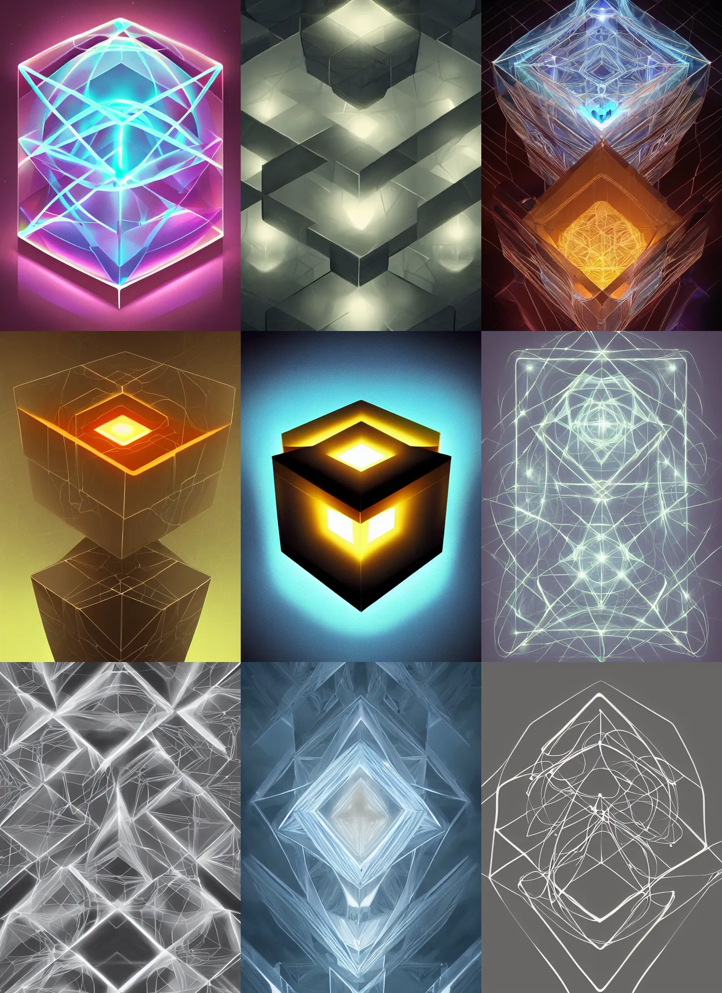 Prompt: symmetry!! product render abstract mysterious cube floating, glowing lights!! intricate elegant, highly detailed, digital painting, artstation, concept art, smooth, sharp focus, illustration, art by artgerm