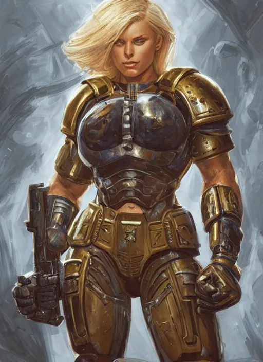 Prompt: very muscled Amazon blonde SPACE MARINE as a ruggedly mean looking heroine, intricate, elegant, highly detailed, centered, digital painting, artstation, concept art, smooth, sharp focus, illustration, art by artgerm and donato giancola and Joseph Christian Leyendecker, WLOP
