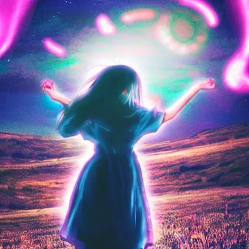 Prompt: a anime aesthetic woman with long dark hair holding a cat in her arm standing on steps in a field at night, a hologram by kusama, instagram, optical illusion, full body, ultra hd, neon, pexels contest winner, high quality photo, rtx, hd, shiny eyes, a renaissance painting by sailor moon