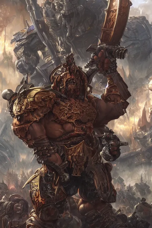 Prompt: arnold schwarzenegger as a warhammer ork boss, highly detailed, digital painting, artstation, concept art, sharp focus, illustration, art by artgerm and greg rutkowski and alphonse mucha