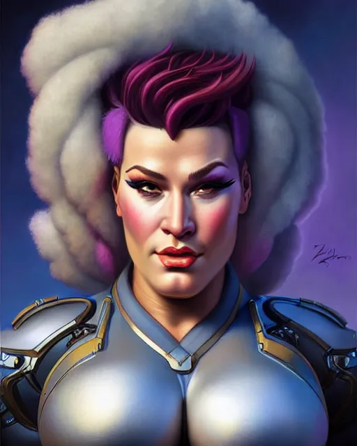 Image similar to zarya from overwatch, character portrait, portrait, close up, highly detailed, intricate detail, amazing detail, sharp focus, vintage fantasy art, vintage sci - fi art, radiant light, caustics, by boris vallejo