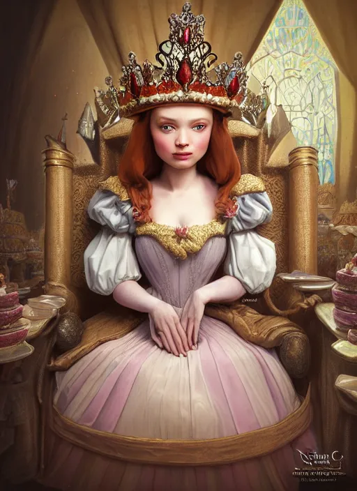 Image similar to highly detailed closeup, low - poly hands, portrait of a fairytale medieval princess wearing a crown and sitting on a throne eating cakes, unreal engine, low - poly hands, nicoletta ceccoli, mark ryden, earl norem, lostfish, global illumination, god rays, detailed and intricate environment