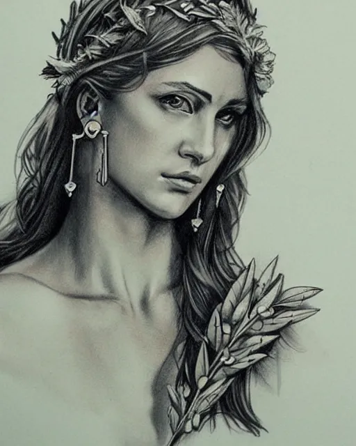 Image similar to realism tattoo sketch of a beautiful greek goddess aphrodite with piercing eyes wearing a laurel wreath and triangle earrings, in the style of greg rutkowski, amazing detail