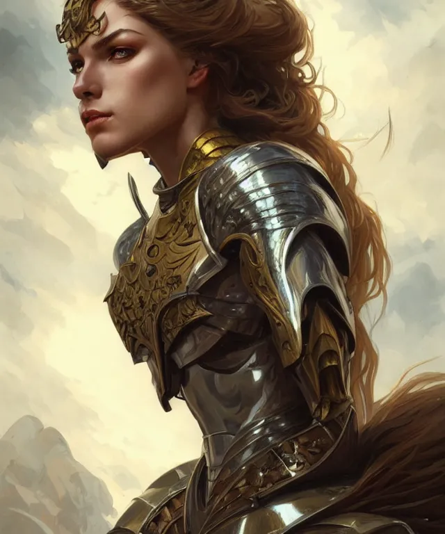 Image similar to Muscular and powerful medieval knight woman portrait, sci-fi, amber eyes, face, long hair, fantasy, intricate, elegant, highly detailed, digital painting, artstation, concept art, smooth, sharp focus, illustration, art by artgerm and greg rutkowski and alphonse mucha