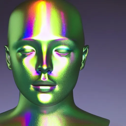 Image similar to 3d render of holographic human robotic head made of glossy iridescent, surrealistic 3d illustration of a human face non-binary, non binary model, 3d model human, cryengine, made of holographic texture, holographic material, holographic rainbow, concept of cyborg and artificial intelligence