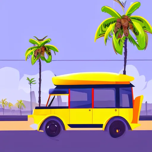 Prompt: a jeepney, palm tree, philippine sun and filipino girl wearing traditional clothes, stylized vector art, white background, trending on artstation