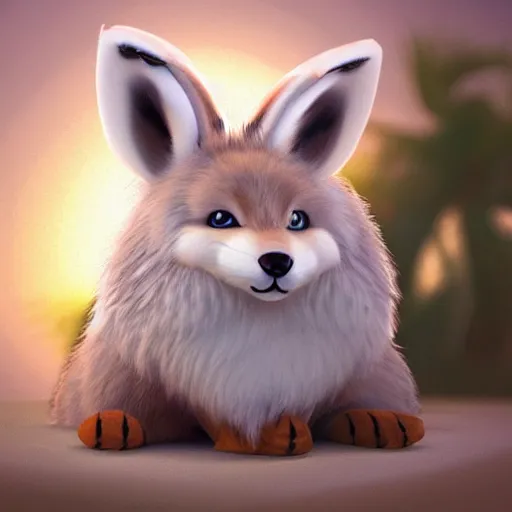 Prompt: a photorealistic adorable zany girly alluring chubby charming but vicious fennic fox wolf rabbit hybrid, with long floppy rabbit ears, wearing a bow on the top of its head, grinning at the camera with a mischievous look, sharp teeth, happy lighting, at a tropical beach