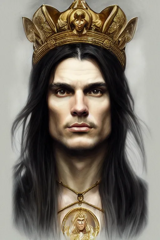 Prompt: portrait of the God Emperor of Mankind, long black hair, laurel wreath crown, black tuxedo, fantasy, intricate, elegant, realistic, highly detailed, digital painting, artstation, concept art, smooth, sharp focus, illustration, art by artgerm and greg rutkowski and alphonse mucha