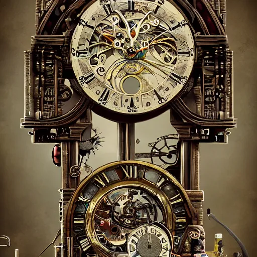 Prompt: cyberpunk antique mechanical clock in the style of a movie by tim burton,, high details, cinematic, 8 k resolution, beautiful detailed, insanely intricate details, artstation trending, octane render, unreal engine