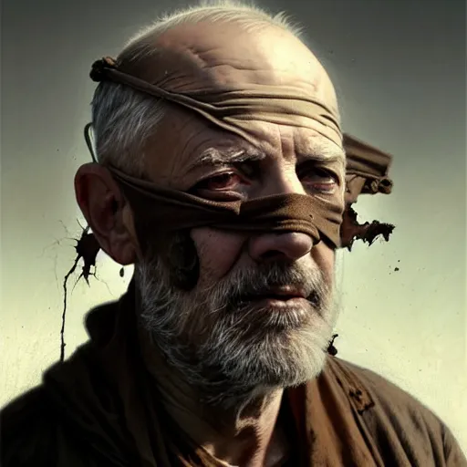 Image similar to portrait painting of a post - apocalyptic older american man blindfolded and wearing ruined monk garbs, ultra realistic, concept art, intricate details, eerie, highly detailed, photorealistic, octane render, 8 k, unreal engine. art by artgerm and greg rutkowski and charlie bowater and magali villeneuve and alphonse mucha