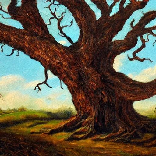 Image similar to A painting of a wizened oak tree, with the face of an old bearded man