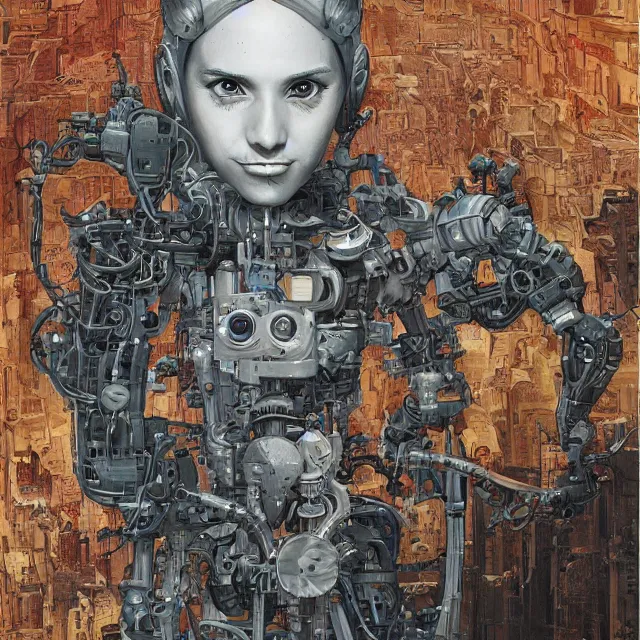 Prompt: robot artist painting a self - portrait on a canvas. intricate, highly detailed, digital matte painting, in the style of alexandros pyromallis, and in the style of sachin teng, and in the style of hans thoma, and in the style of luis royo. irony, recursion, inspiration.