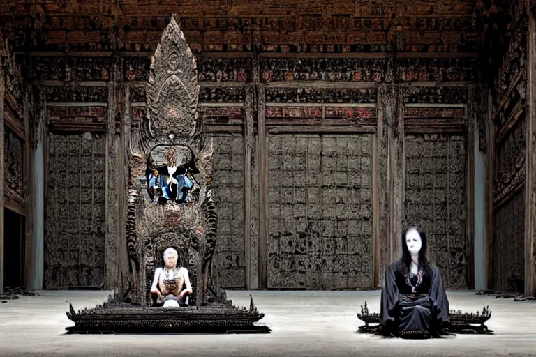 Image similar to vampire queen sitting on a throne in the abandoned buddhist temple, omnious, eerie, magnificent, wow, intricate, by nicola samori, by ryoji ikeda