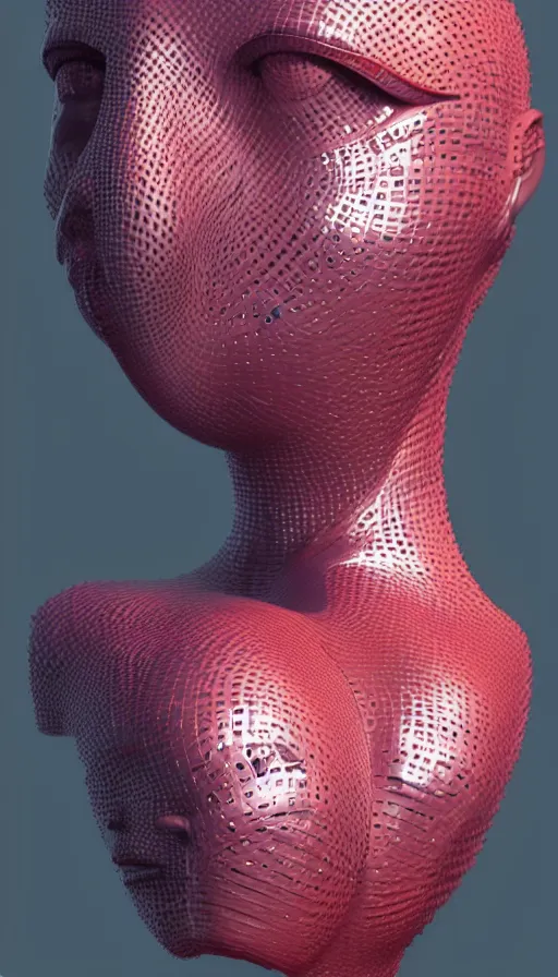 Image similar to a one woman with a futuristic mask on her face, a surrealist sculpture by alexander mcqueen, trending on pinterest, plasticien, biomorphic, made of plastic, a computer rendering by bedwyr williams, featured on zbrush central, holography, multiple exposure, glitch art, glitchy, photorealistic