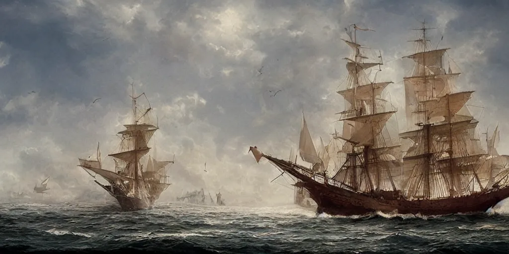 Image similar to a beautiful matte painting, an ancient large sailing ship sailing on the sea