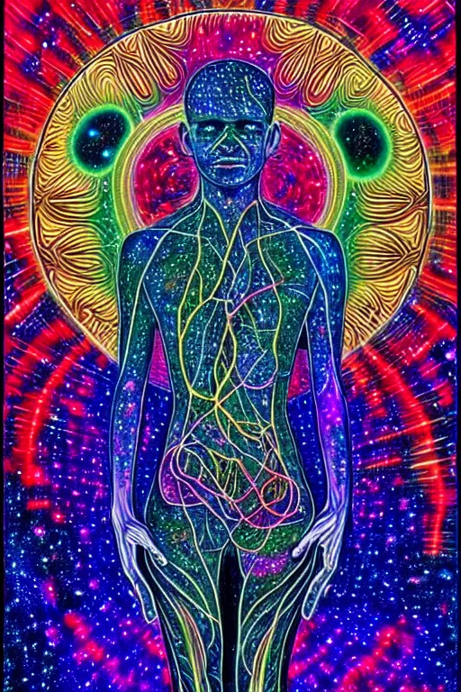 Image similar to A psychedelic silhouette of a human body filled with the universe, planets, stars and galaxies in the style of Alex Grey