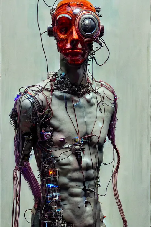 Prompt: cameron monaghan as a cyberpunk hacker, wires cybernetic implants, by esao andrews, jenny saville, james jean