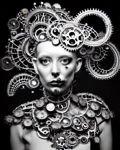 Image similar to surreal black and white photo portrait of complex bio-mechanical beautiful young female vegetal-cyborg with a Mandelbrot fractal steampunk metal fine lace face, curled silver hair and a fine metal floral foliage super big lace collar by Alexander McQueen:: high fashion, haute couture, rococo, steampunk, silver filigree details, anatomical, facial muscles, cable wires, microchip, elegant, hyper realistic, 150 mm lens, soft rim light, octane render, unreal engine, volumetric lighting, 8k,