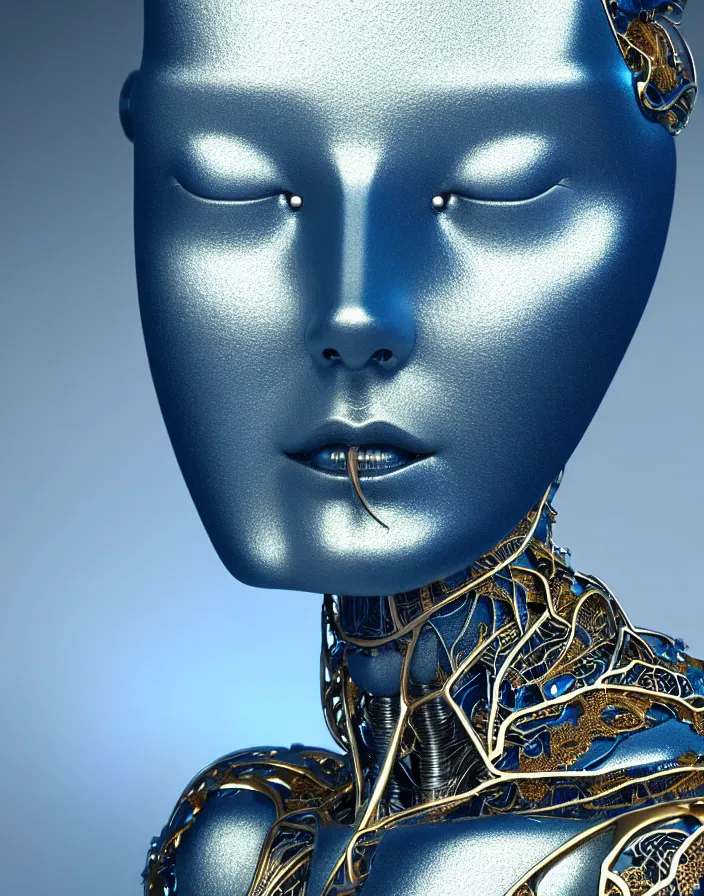 Prompt: complex 3 d render of a beautiful porcelain cyber robot ai face, blue and gold, fractal veins, ganja, vegetal dragon cyborg, 1 5 0 mm, beautiful natural soft light, rim light, silver gold details, roots, fine lace, mandelbot fractal, anatomical, glass, facial muscles, elegant, ultra detailed, metallic armor, octane render