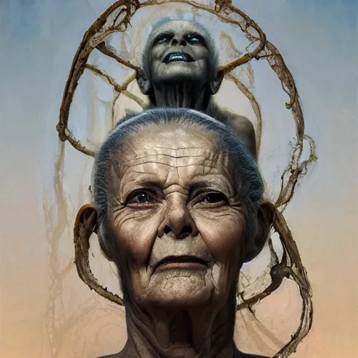 Image similar to hyperrealist portrait of an ancient old alien woman with three heads standing in a vast empty space with mounds of clay here and there by jeremy mann and alphonse mucha and stan lee, fantasy art, photo realistic, dynamic lighting, artstation, poster, volumetric lighting, very detailed faces, award winning, full face, symmetry