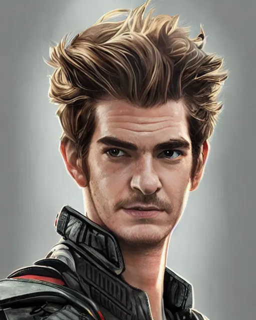 Prompt: Andrew Garfield as an Apex Legends character digital illustration portrait design by, Mark Brooks and Brad Kunkle detailed, gorgeous lighting, wide angle action dynamic portrait